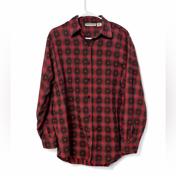 Seventh Avenue Tops - Seventh Avenue Red & Green Plaid Poinsettia Christmas Button Down Shirt 1X
